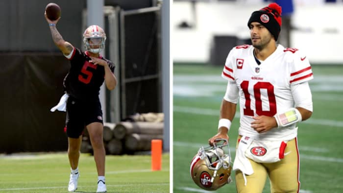 49ers rookie quarterback Trey Lance attempts a pass in minicamp; Incumbent Niners QB Jimmy Garoppolo exits the field prior to kickoff